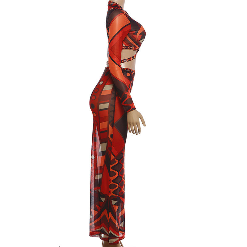 Women's Printed Two-Piece Skirt Set – Long Sleeve Crop Top & Maxi Skirt