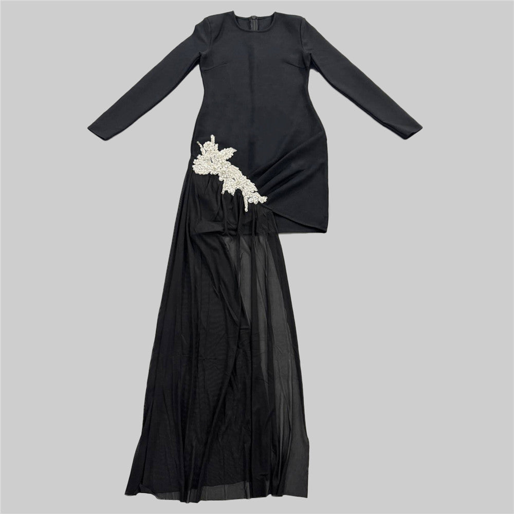 'Diamond' Black Mesh Panel Bodycon Dress: Long Sleeve Sheath