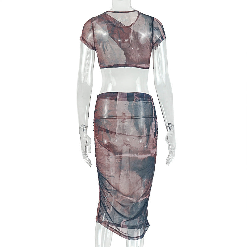 Abstract Print Crop Top & Midi Skirt Set - Short Sleeve Ruched Crew Neck 2-Piece Set