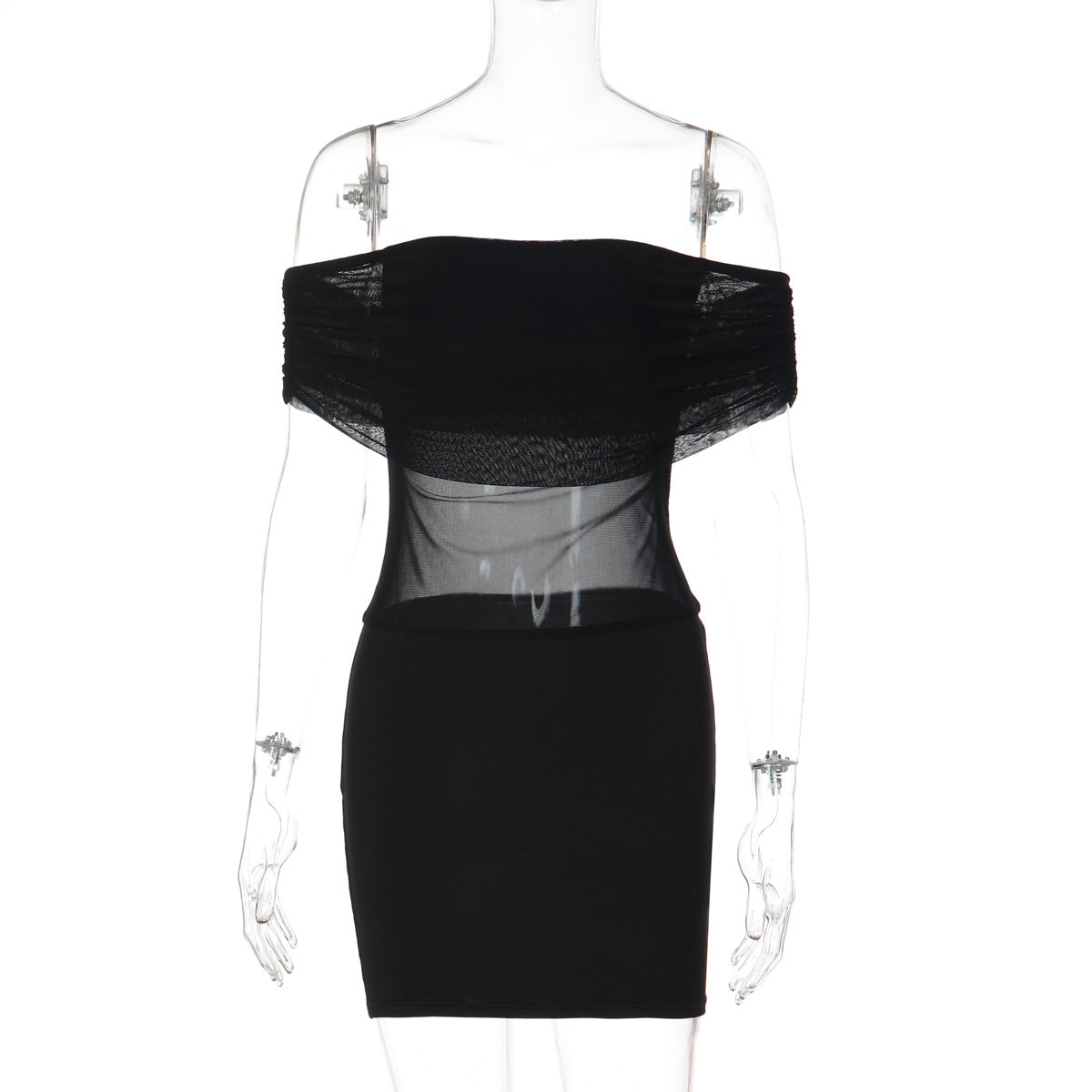 Mesh Off Shoulder Bodycon Dress - Sheer Panel Mini Dress