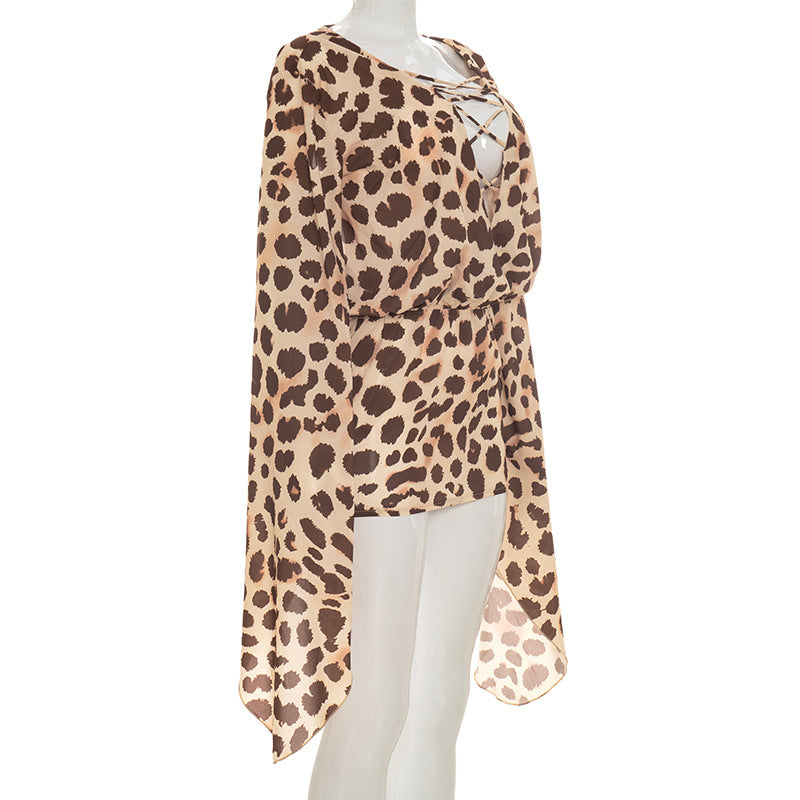 Leopard Print Deep V Lace-Up Cutout Ruched Mini Dress | Long Sleeve Backless Bodycon Dress | Sizes S-L