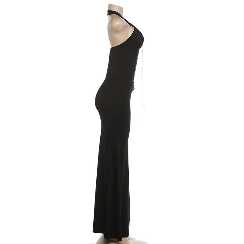 Black Halter Lace-Up Cutout Backless Maxi Dress - Cross Strap Bodycon Formal Dress