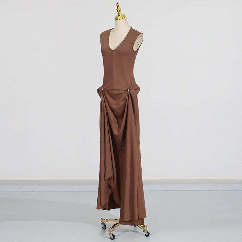 Brown Elegant Pleated V-Neck Maxi Dress