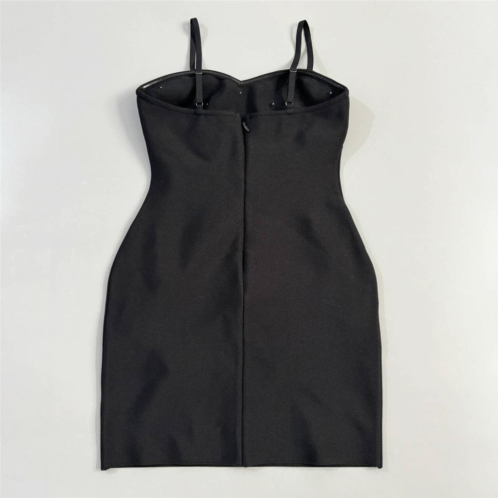 Black Rhinestone Bandage Mini Dress: Floral Embellished Bodycon Sling