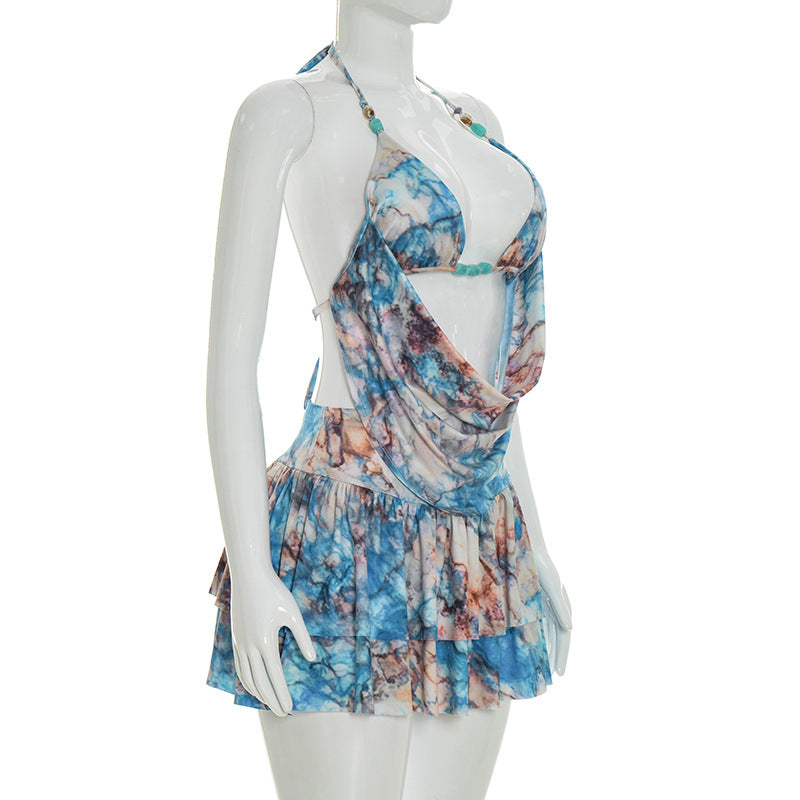 Floral Print Halter Neck Cutout Backless Crop Top & Ruffle Midi Skirt Set | Sleeveless Boho Two-Piece Set | Blue | Sizes S-L