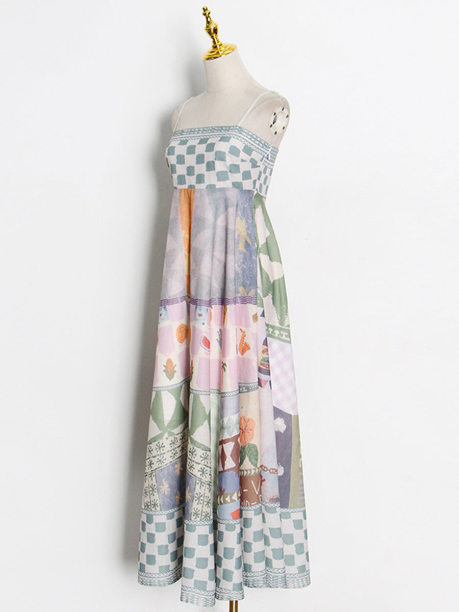 Geometric Print Spaghetti Strap Maxi Dress - High Waist A-Line Boho Vacation Dress