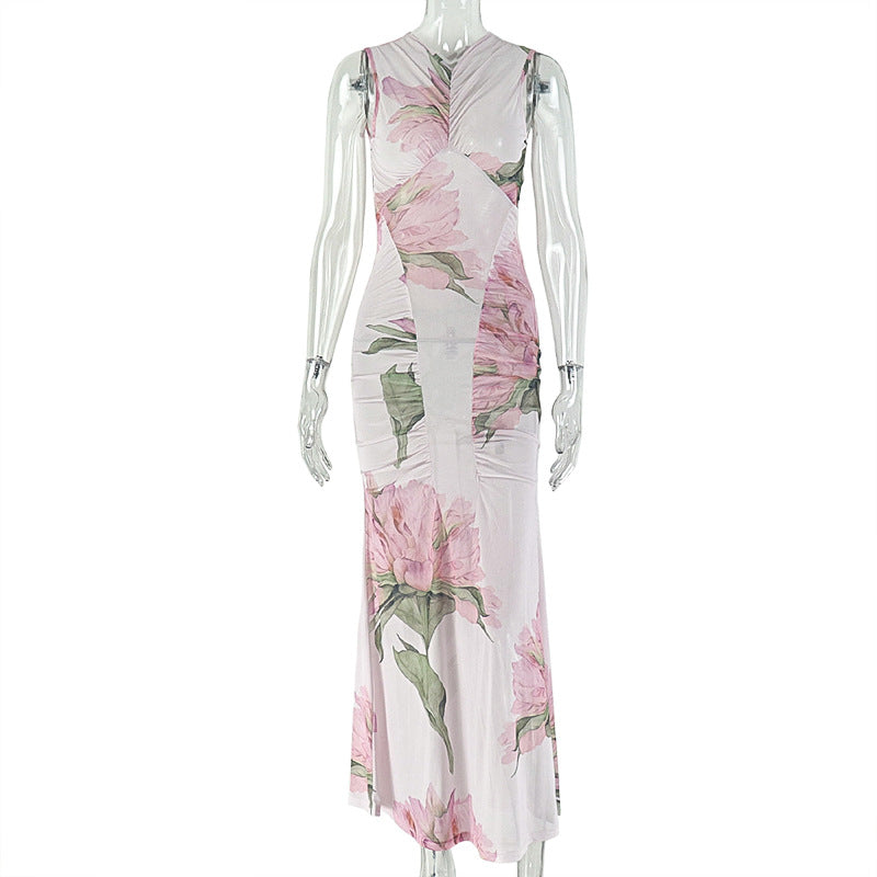Apricot Pink Floral V-Neck Maxi Dress - Ruched Sleeveless Bodycon Dress