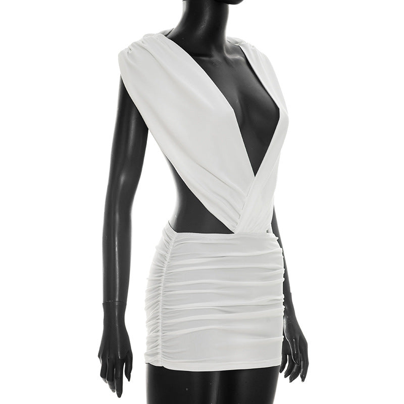 Women's Deep V-Neck Backless Halter Dress – Ruched Bodycon Party Dress