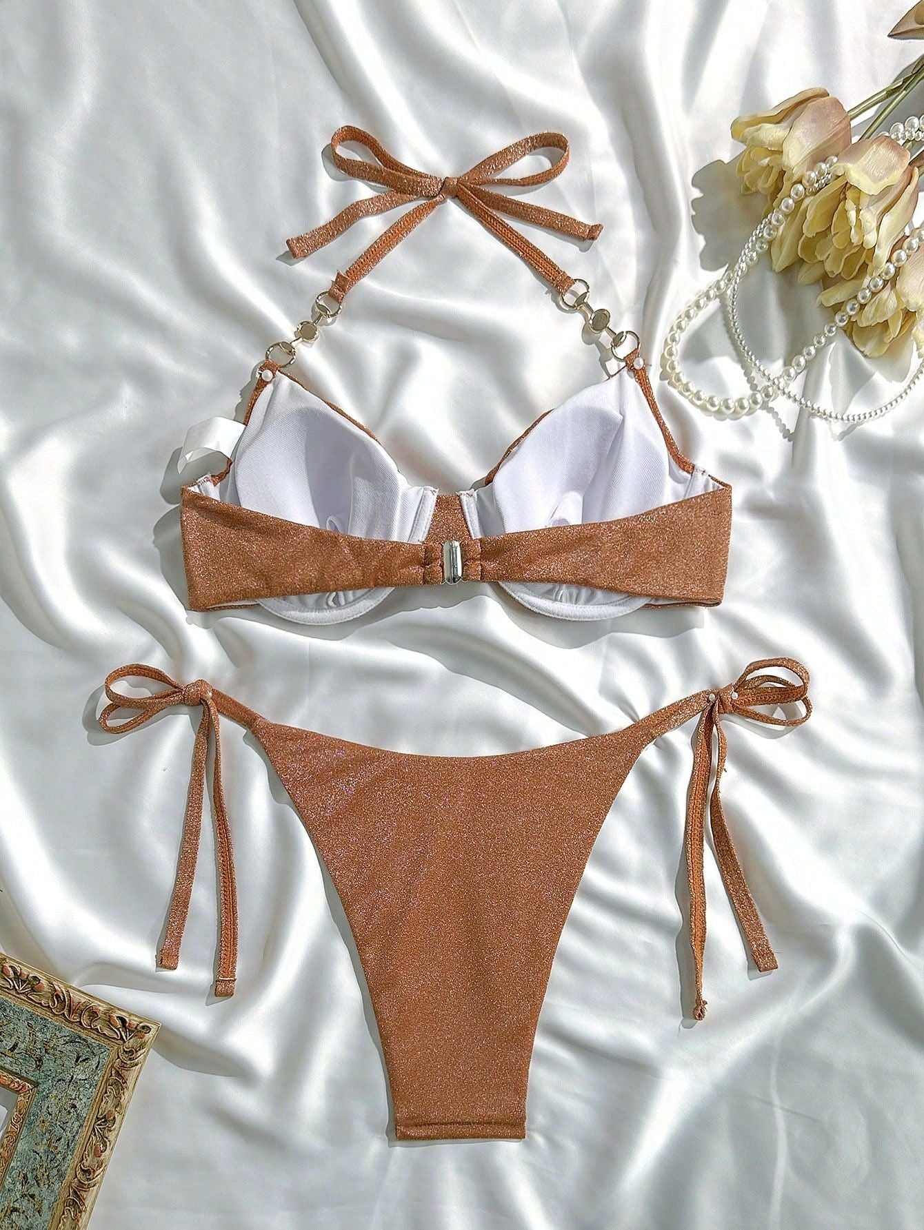 Beaded Halter Bikini Set0 Solid Color Two Piece Swimsuit