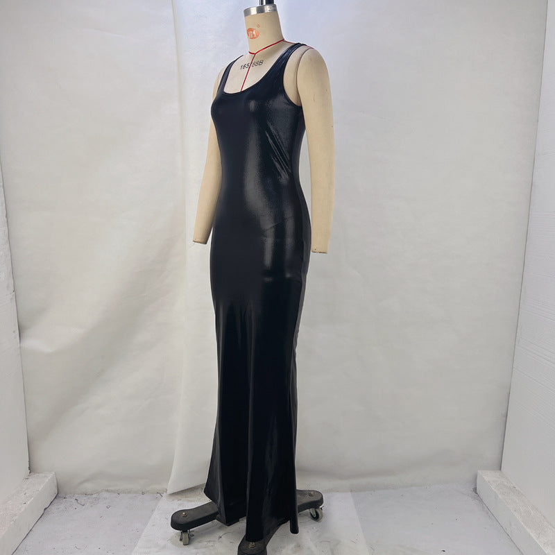 Sexy Faux Leather Split Maxi Dress