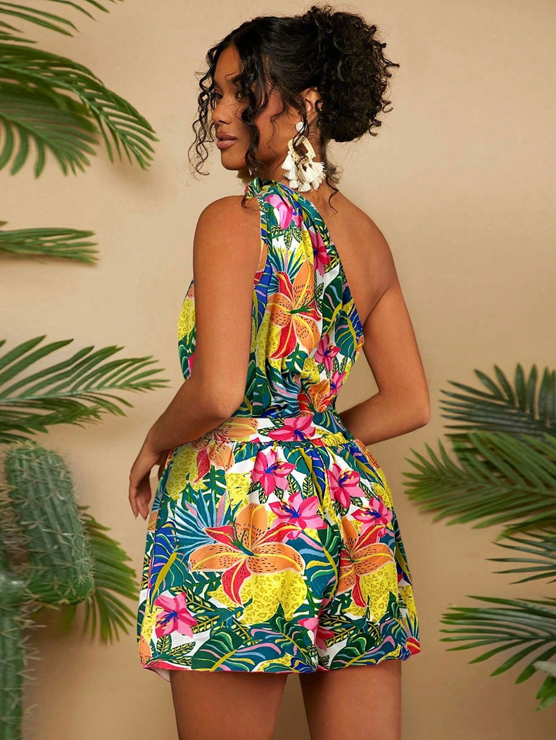One Shoulder Printed Dress - Asymmetric Belted Mini Dress