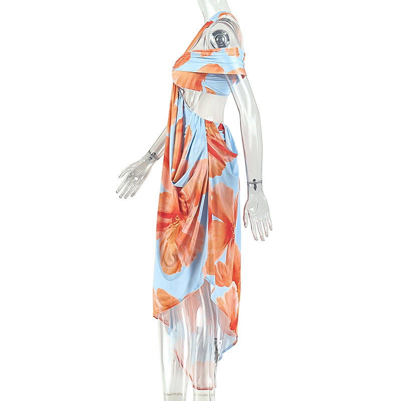 Floral Asymmetric Cutout Backless Maxi Dress | Sleeveless Ruched Vacation Maxi Dress | Sizes S-L