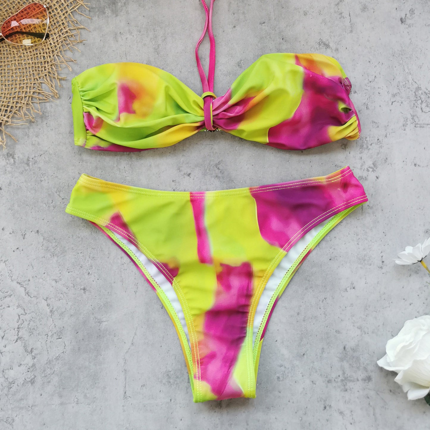 Women’s 3-Piece Boho Bikini Set – Halter Lace-Up Tube Top with Sheer Mesh Pants, Summer Swimsuit