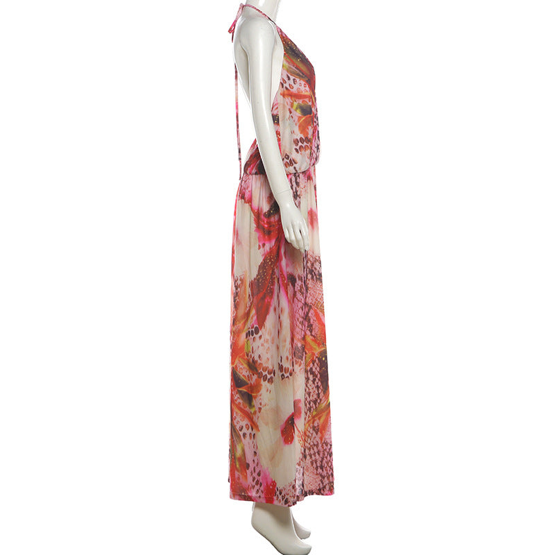 Women's Halter Backless Maxi Dress – Sexy V-Neck Split A-Line Summer Dress