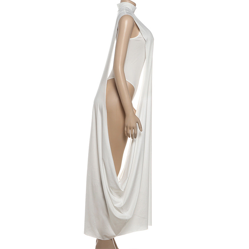 Women’s White Slim Fit Sleeveless Maxi Dress – Turtleneck A-Line Party Two-Piece Set