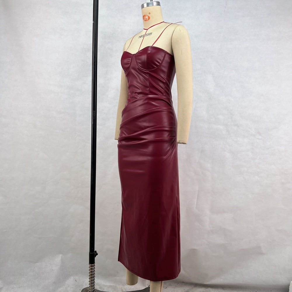 Burgundy Faux Leather Tube Dress: Strapless Split-Hem Bodycon