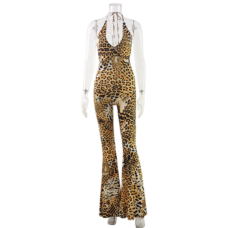 Women's Leopard Print Halter Backless Cutout Jumpsuit