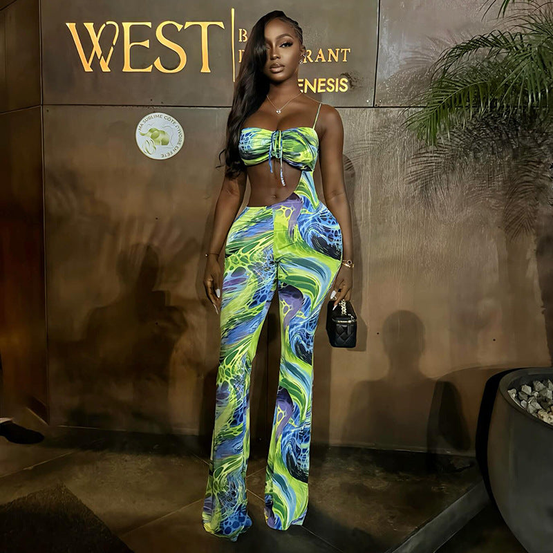 Green Floral Print Bandeau Jumpsuit - Backless Cutout Lace-Up Asymmetric Outfit