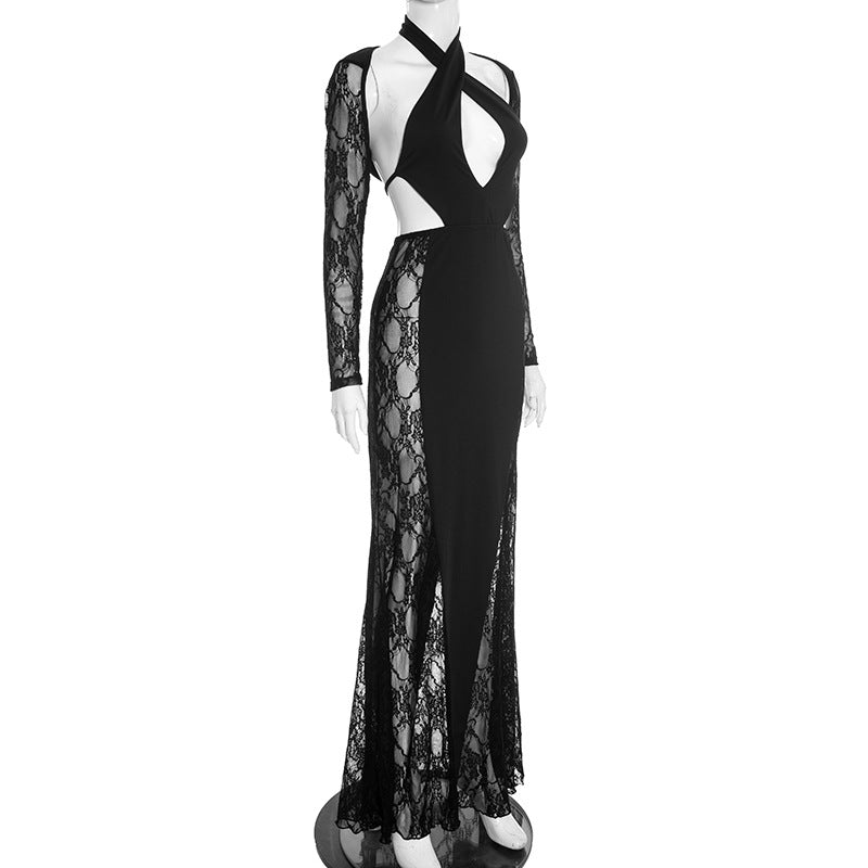 Black Hollow Out Cutout Maxi Dress – Sexy Halter Lace Long Sleeve Bodycon Dress