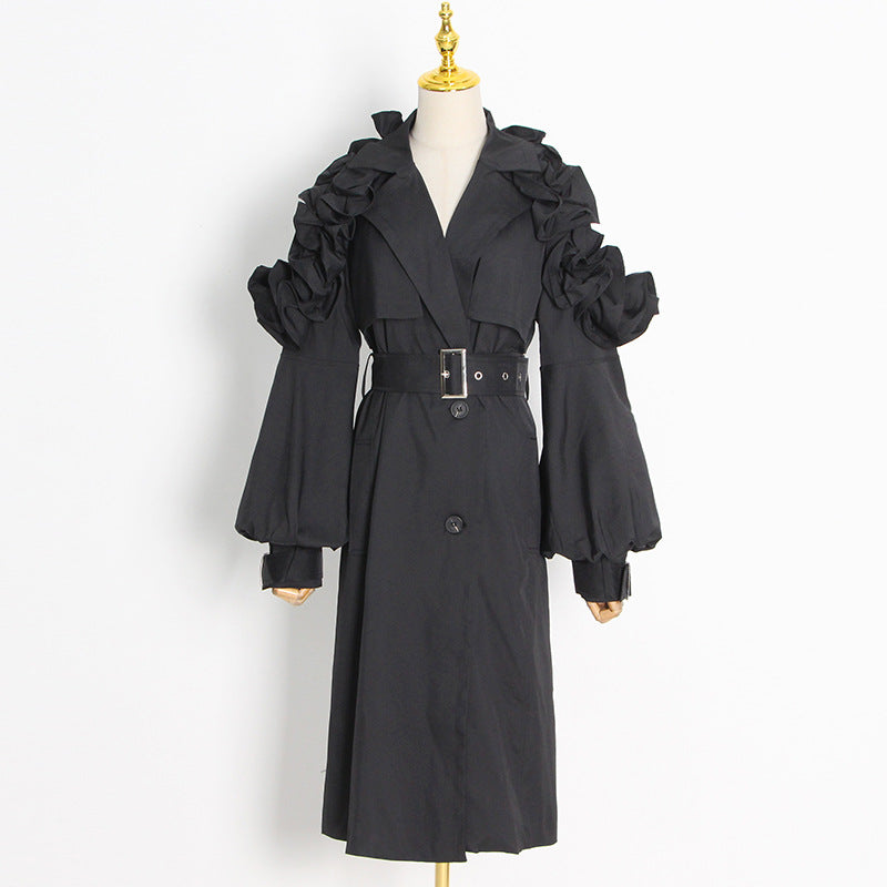 Women’s Elegant Long Sleeve Windbreaker Coat – Single-Breasted Slim Fit High-Grade Outerwear with Ruffle and Belt Detail