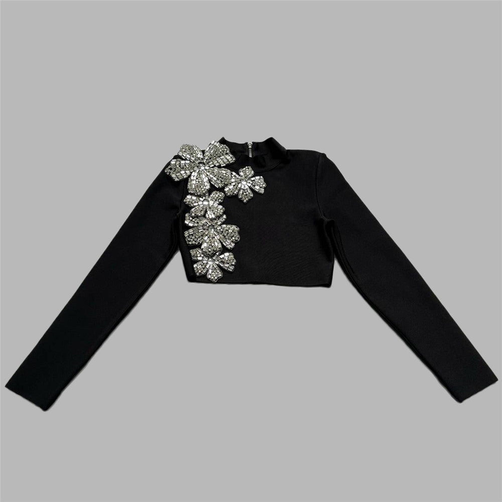 Luxury Black Half-Turtleneck Long Sleeve Bandage Skirt Set - Two Piece Bodycon