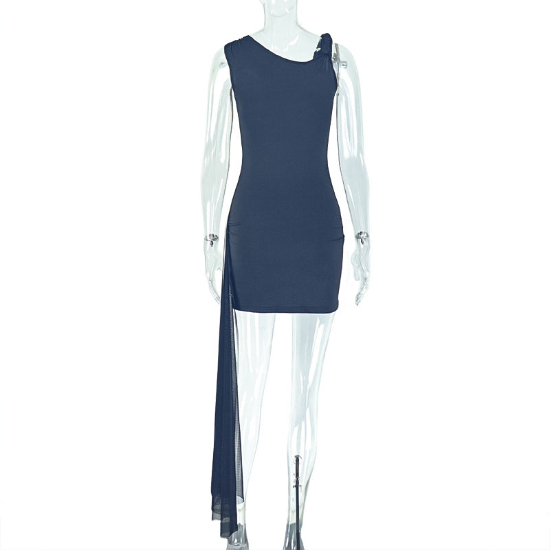 Black Asymmetrical Mini Dress: One-Shoulder Slim Fit Sheath