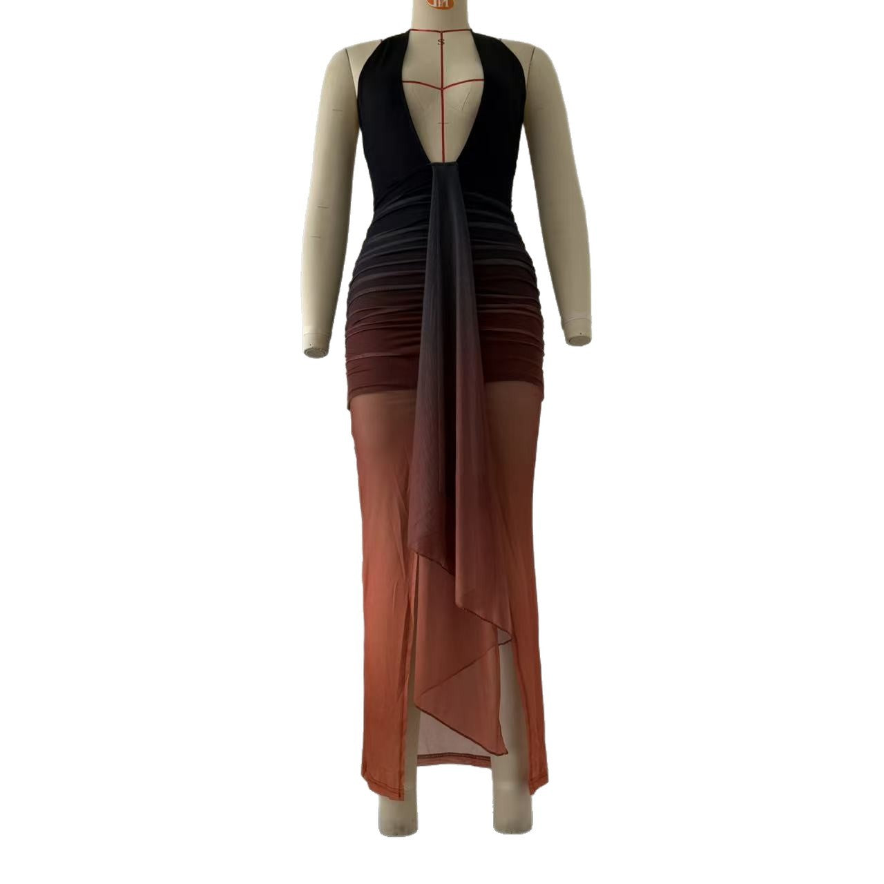 Contrast Color Backless Dress: Deep V-Plunge Slim Fit Bodycon