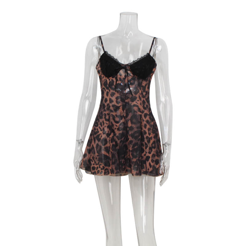 Leopard Print Mini Dress: Strappy Low Cut Lace Bodycon