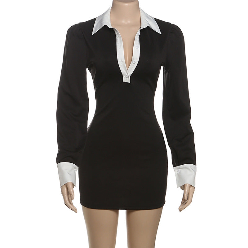 Contrast Color Shirt Dress for Women: Autumn Slim Fit Sheath Button-Down