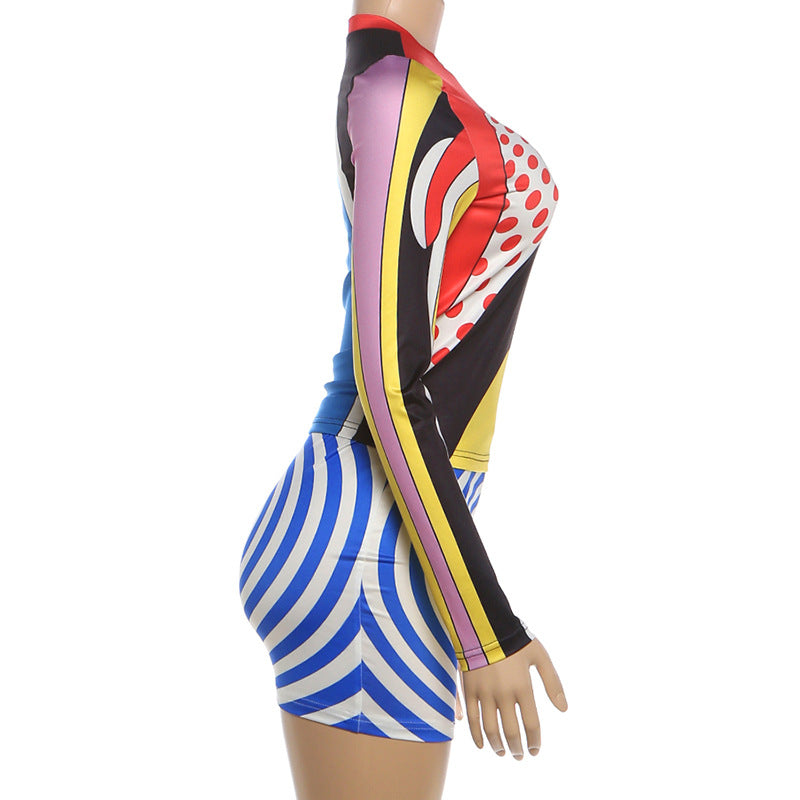 Women's Color Block Two-Piece Set – Long Sleeve Crop Top & Mini Skirt