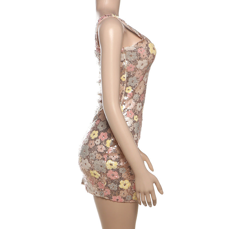 Sexy Sequin Split Mini Dress - Square Neck Bodycon for Club