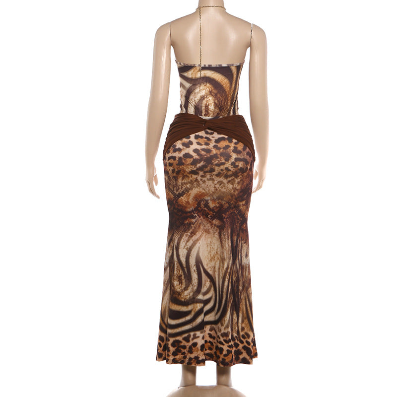 Brown Animal Print Chain Halter Bodysuit & Maxi Skirt Set - Twisted Ruched Fringe Cutout 2-Piece Set