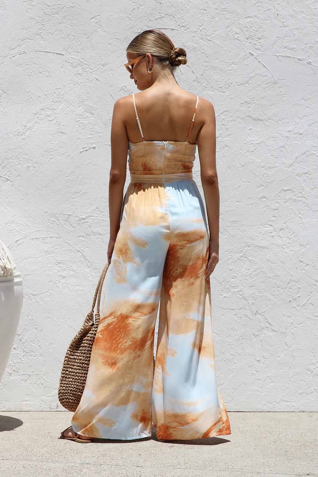 Sky Blue Printed Jumpsuit - High Waist Wide Leg Suspender Style