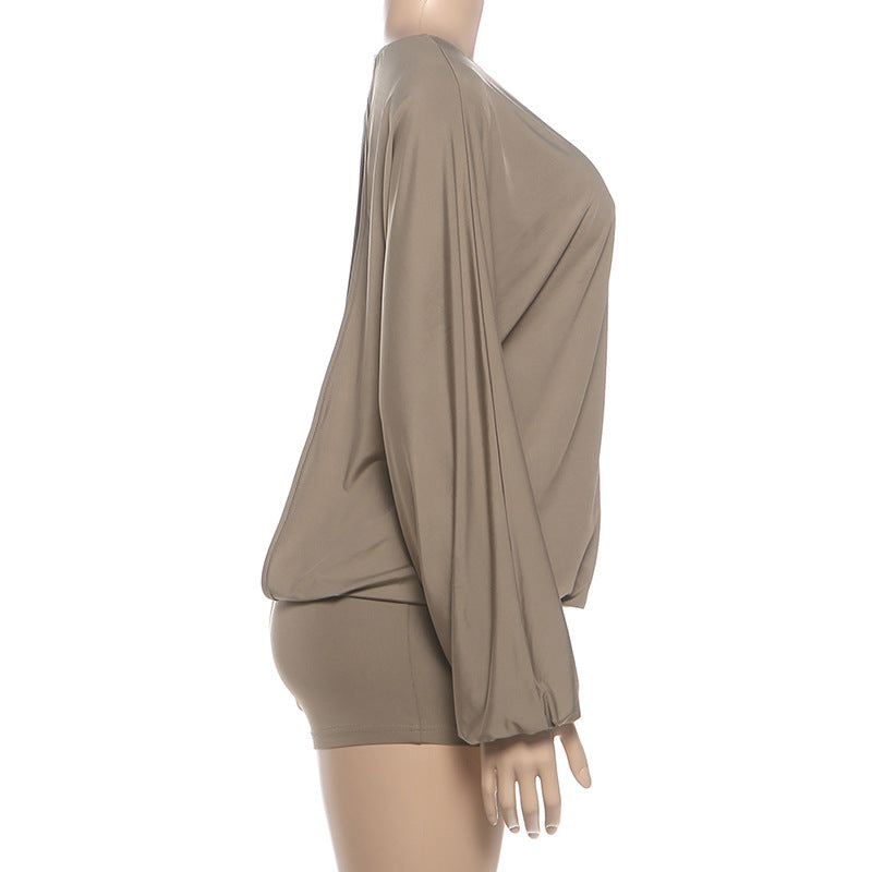 Khaki Backless Jumpsuit - Long Sleeve Ruched Bodycon Romper