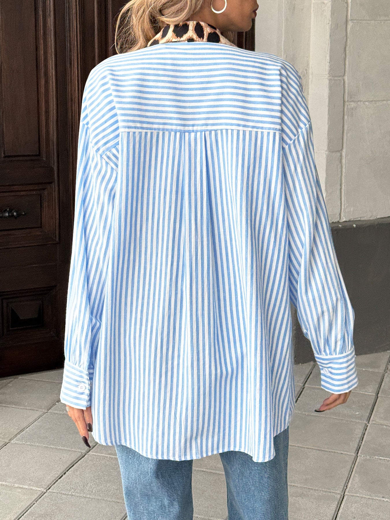 Women’s Casual Printed Stripe Color Block Shirt – Long Sleeve Collared Button-Up Top with Pocket