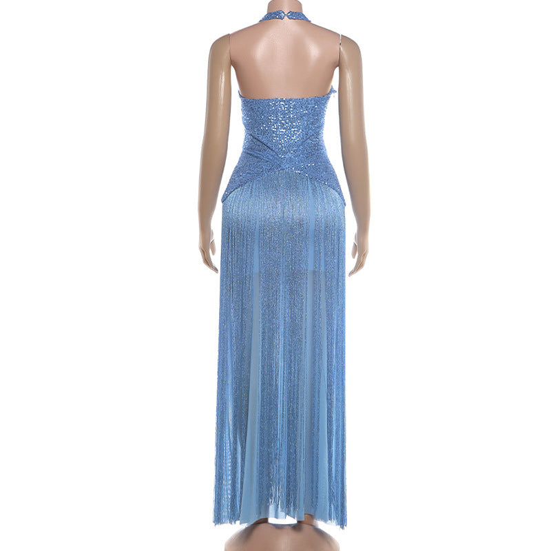 Women's Sequin Fringe Halter Maxi Dress – Sexy Backless Bodycon Formal Dress