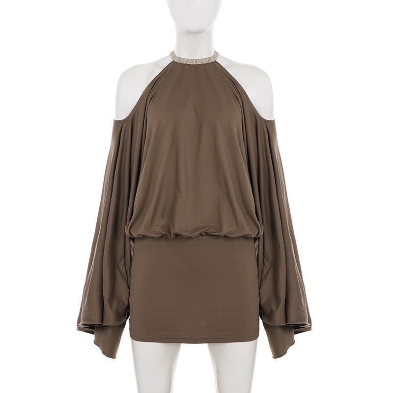 batwing mini dress Brown Off-Shoulder Batwing Mini Dress | Backless Asymmetric Cutout