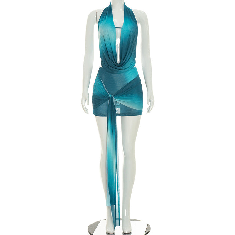 Backless Cowl Neck Top & Short Skirt Two-Piece Set | Cutout Tie Vacation Set | 3 Colors