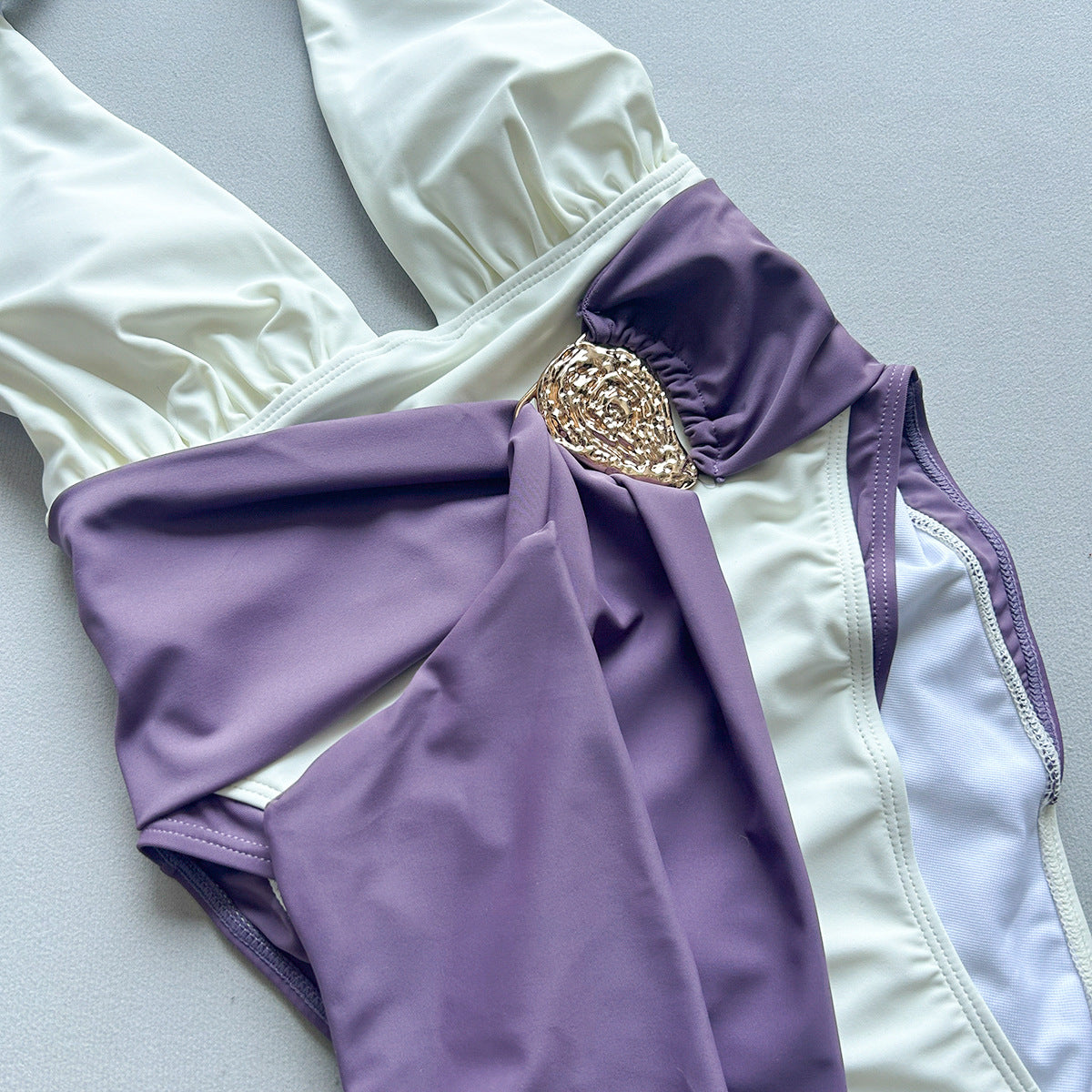 Color Block Ruched Tie One-Piece Swimsuit - Asymmetric Splicing Nylon Boho Swimwear