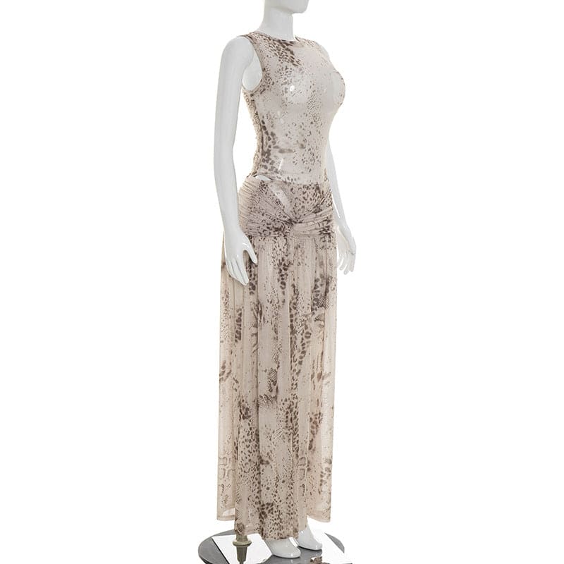 Light Gray Snake Print Jumpsuit & Maxi Slit Skirt Set - Mesh Ruched Twisted 2-Piece Set