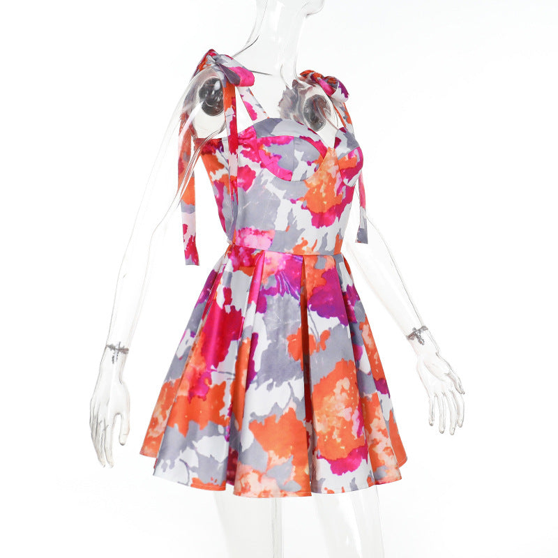 Printed Sweetheart Mini Dress - Sexy Backless Slimming A-Line