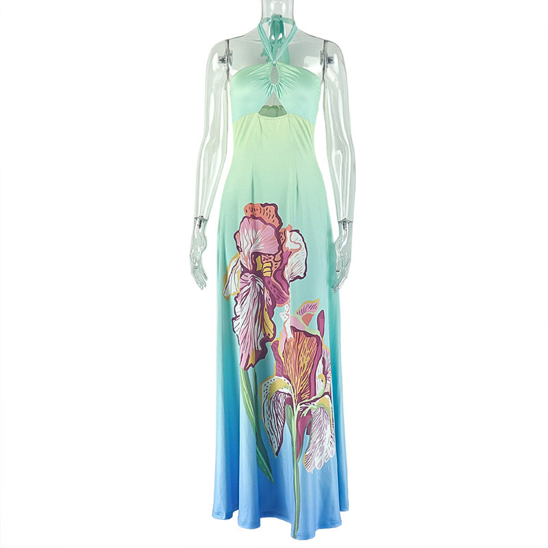 Turquoise Floral Ombre Halter Maxi Dress - Ruched Cutout A-Line Dress