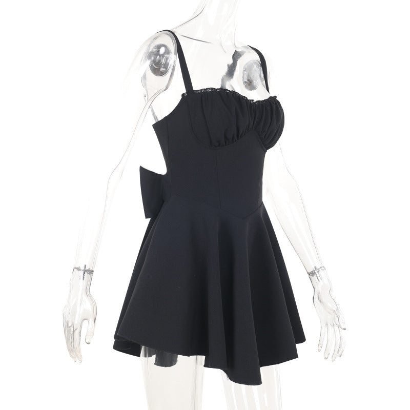 Black Bow Slip Dress - Ruched Spaghetti Strap Bodycon Mini
