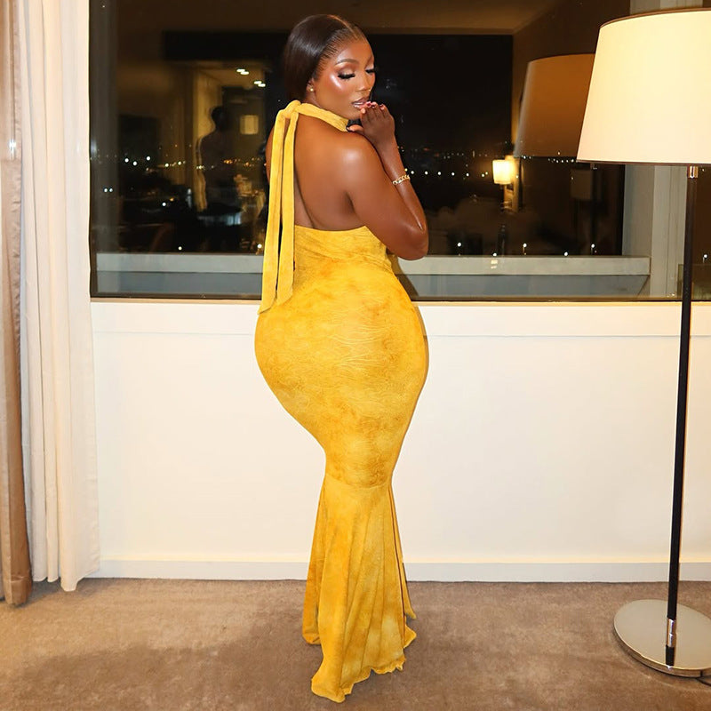 Yellow Backless Turtleneck Fishtail Dress: Slim Fit Sheath Maxi Gown