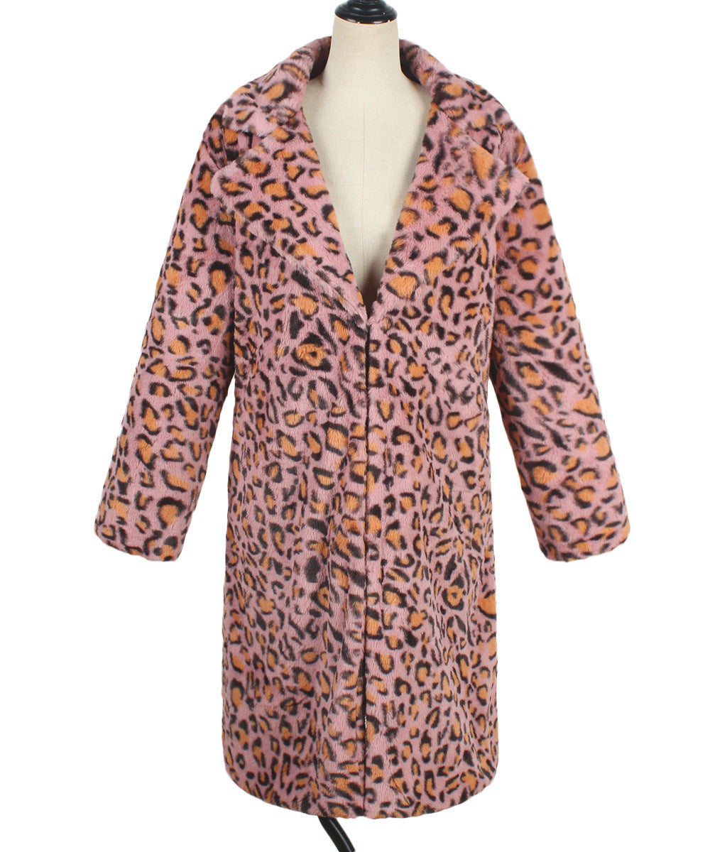 Casual Leopard Print Faux Fur Trench Coat: Square Collar Plush Longline Jacket
