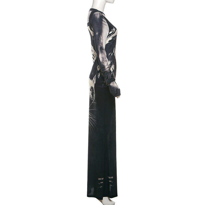 Elegant Printed Long-Sleeve Maxi Dress