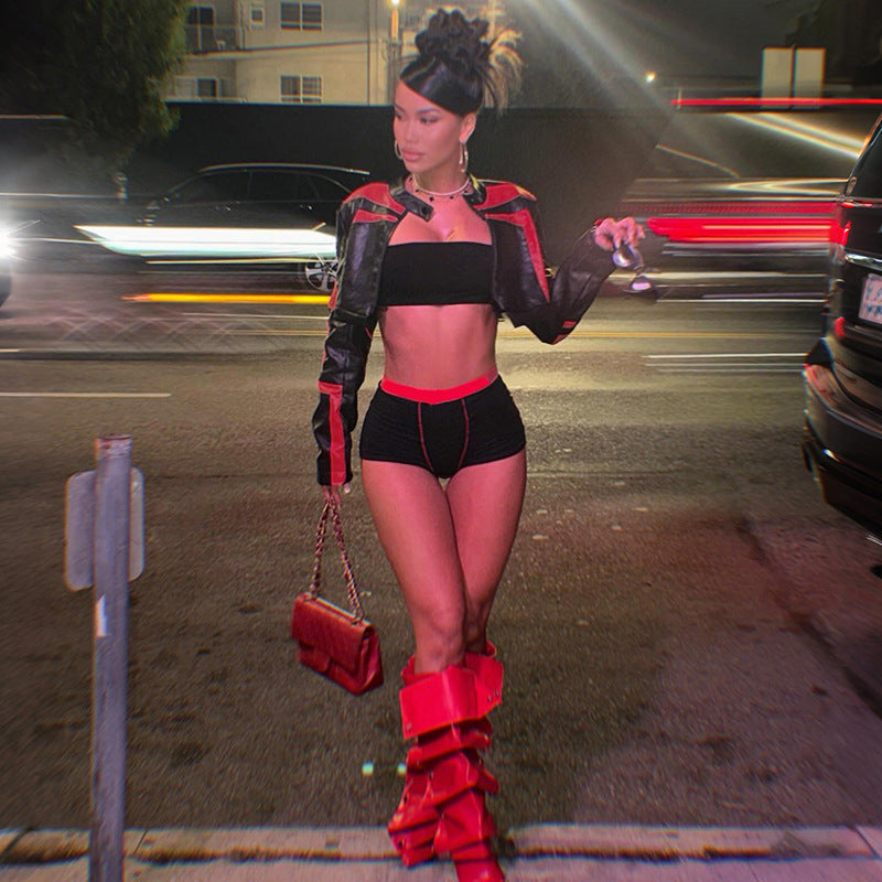 Women’s Cropped Leather Jacket – Slim Fit Zipper Motorcycle Coat, Color Block