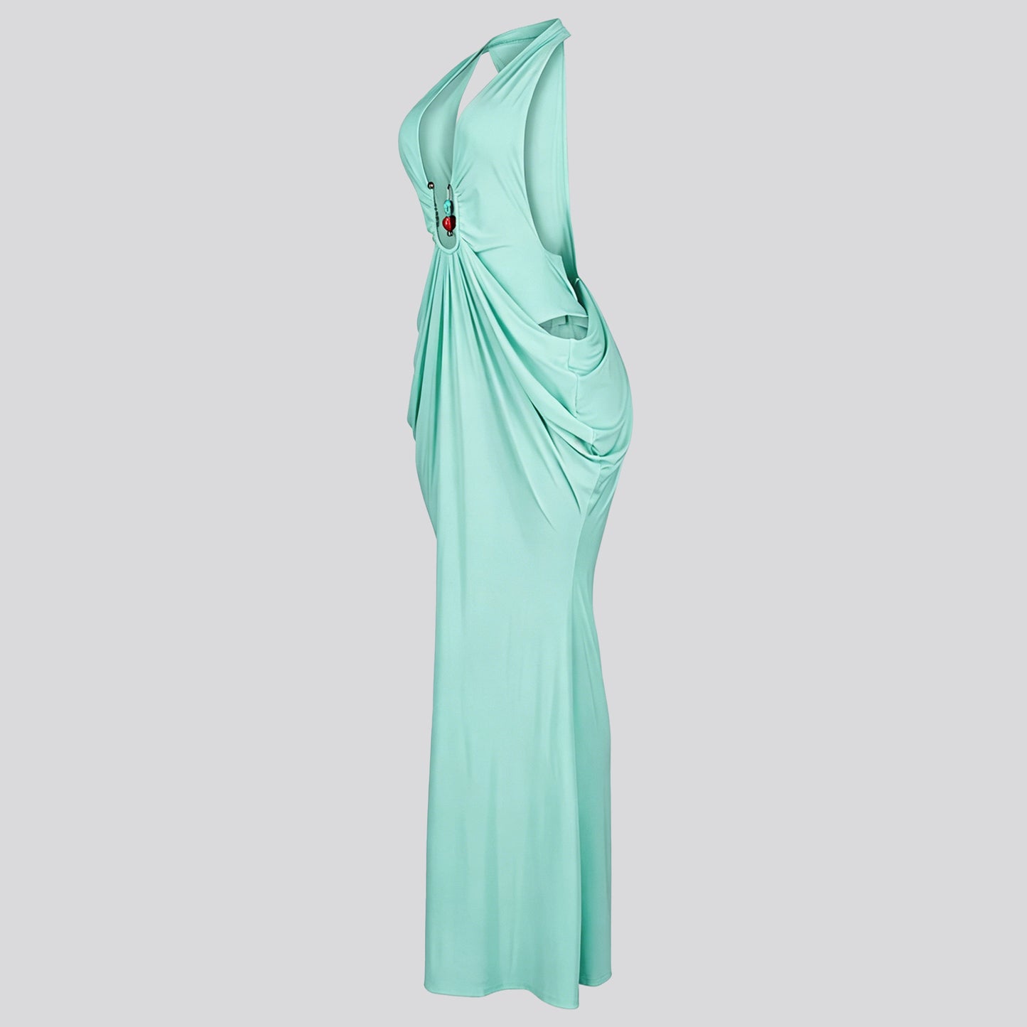 Women's Halter V-Neck Maxi Dress – Sexy Backless Lace-Up Ruched Bodycon Dress