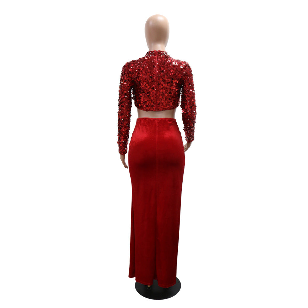 Red Velvet & Sequin Two Piece Set: Long Sleeve Top & High Slit Skirt