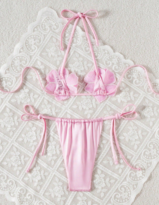 Sequined Floral Halter Bikini Set - Two Piece Swimsuit